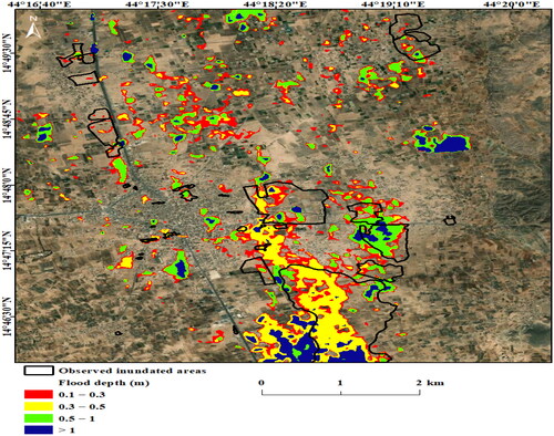 Figure 12. Flood inundation map developed by HEC-RAS model for 22 August 2022, storm event. The figure also shows the demarcation of the flooded areas based on the field survey conducted by the agricultural research Authority.