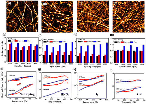 Figure 8. AFM images of CNT films spin-coated with spin speeds of (a) 5000 rpm, and (c) 1000 rpm and their corresponding CNT-CuI hybrid films (b) and (d). The resistance variations of CNT networks (e–h) and the temperature dependent conductivity (i–l) of CNT films with different doping treatments. (Reprinted with permission from [Citation118], copyright 2015 American Institute of Physics.)