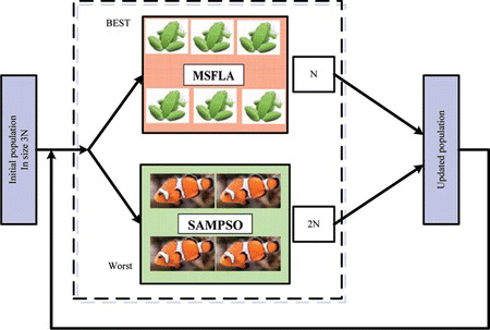 FIGURE 1 Schematic representation of the SAMPSO-MSFLA. (Figure is provided in color online.)