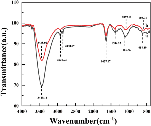 Figure 8. FTIR spectra of ACF/nZVI composites: (a) Before electrolysis; (b) After electrolysis.
