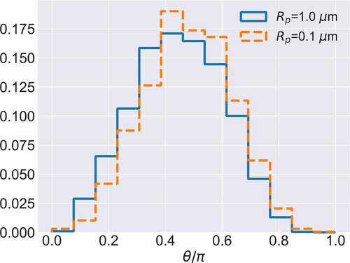 Figure 7. Normalized histograms of angular location θ/π at which particles reach the bubble surface, for particle radii Rp=1.0 and 0.1 μm.