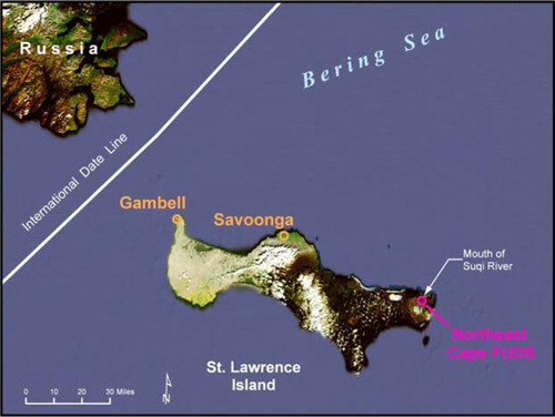 Fig. 1 Map of St Lawrence Island, Alaska, showing both villages and the formerly used defense site (FUDS) at Northeast Cape.