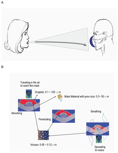 Figure 1 Transmission pathway of virus through facemasks. The possible pathway of contaminated droplets spreading from infected person onto the face of a susceptible host over short distances (A). The penetration of droplets contaminated with viruses through facemasks (B).