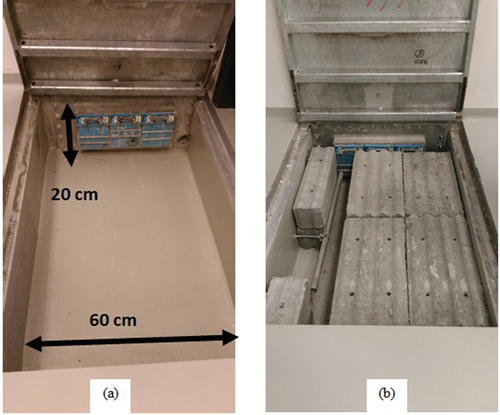 Fig. 3. Picture of the floor penetration in the LUIS experimental hall (a) without and (b) with concrete blocks. The same set is installed on the control room side of the penetrations, but inverted, thus forcing juggled routing of the cabling. These concrete blocks are a redundant shielding easily added in compliance with the ALARA principle (see Sec. IV).