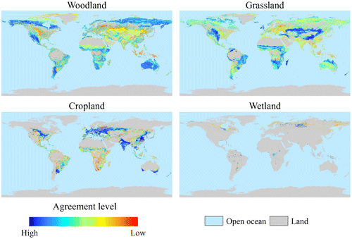 Figure 5. Agreement and disagreement of global land cover maps for woodland, grassland, cropland, and wetland.
