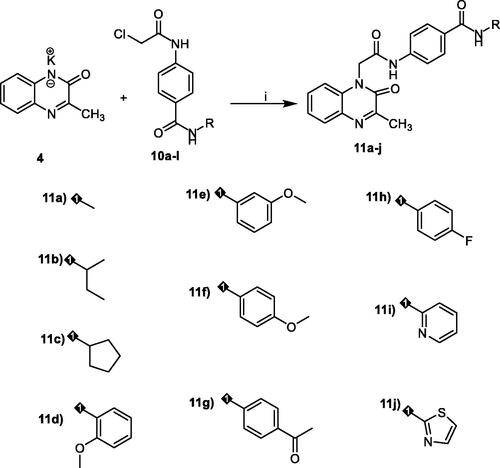 Scheme 3. synthesis of the target compounds 11a-j. Reagents and conditions: i) KI/DMF/heating/W.B./8h.