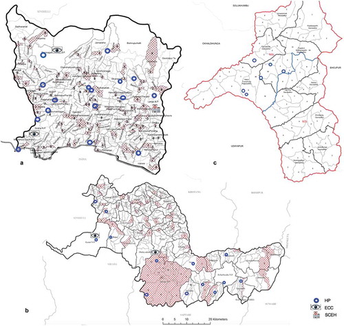 Figure 3. Map of health posts visited in each district A. Siraha B. Udayapur C. Khotang.