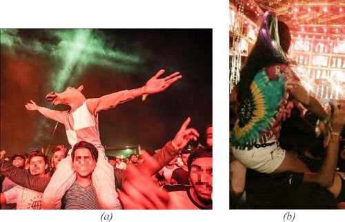 Figure 4. (a) and (b) The party like, carnivalesque and ‘utsaha rasa’ at an EDM festival.