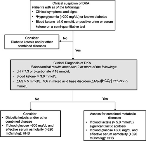 Figure 2 Suggested diagnostic flow chart for DKA and differential diagnosis with other frequently combined disorders. ΔAG denotes an increase (delta) in the anion gap above the upper reference value (eg, 12 mmol per liter), Δ[HCO3−] the change (delta) in the concentration of bicarbonate ions from the lower reference value of bicarbonate ions (eg, 24 mmol per liter)Citation13 and HHS hyperglycemic hyperosmolar state. Each laboratory has its own reference values of the AG due to differences in the laboratory methods.Citation13 amay be euglycemic or moderately elevated in some cases. bΔAG - Δ[HCO3−]: >+5 suggests DKA combined with metabolic alkalosis; <−5 suggests DKA combined with normal AG metabolic acidosis.