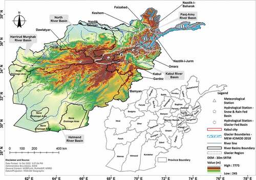 Figure 1. Geographical map of Afghanistan, showing elevation, river lines, hydro-meteorological stations, and glacier coverage, and identifying the four most glacier- covered regions. The subordinating map shows the provincial boundaries of Afghanistan.