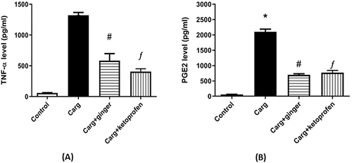 Figure 8 (A) Effect of GE-HPMC-TRE3 hydrogel and ketoprofen gel (1%) on serum TNFα level in paw tissue. Means ± standard errors of the mean (SEM). *P<0.05, carrageenan vs control group; #P<0.05, carrageenan + GE-HPM-TREs and carrageenan ketoprofen group vs carrageenan group. (B) Effect of GE-HPMC-TRE3 hydrogel and ketoprofen gel (1%) on serum PGE2 level in paw tissue. Data presented as means ± SEM. *P<0.05, carrageenan vs control group; #P<0.05, carrageenan + GE-HPM-TREs and carrageenan + ketoprofen group vs carrageenan group.