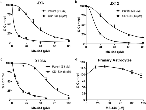 Figure 1. MS-444 produces cytotoxicity in glioblastoma xenolines and the subpopulation of CD133+ cells. (A–C) glioblastoma xenolines (parent and the CD133+ fraction) were plated and treated with different doses of MS-444 or vehicle for 24 h. Viability was determined by a luciferase assay as described in the Methods section. (D) Primary cortical astrocytes were treated with MS-444 and viability was similarly determined. Data points represent the mean ± SD of three independent tests.