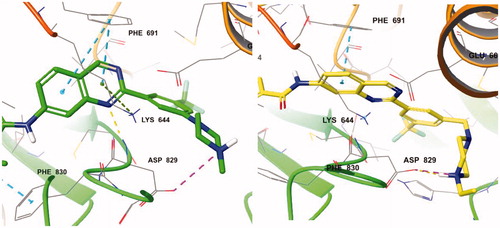 Figure 3. (Left) Compound 7d (green) at the active site of FLT3 (PDB: 4RT7); (right) 7e (yellow) at the active site of FLT3 (PDB: 4RT7).