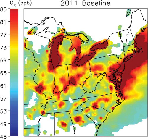 Figure 2. Average 8-hr daily maximum surface ozone from the top 6–10 days of the July 2011 Baseline run. Regions shown in red-orange to red exceed 75 ppb.
