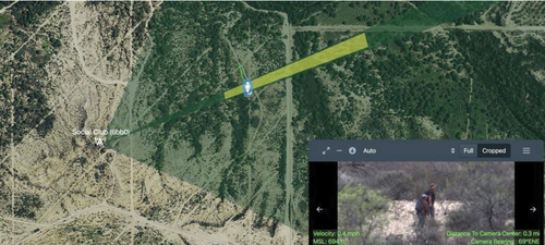 Fig. 8. Screen capture image showing the area in South Texas monitored by an autonomous surveillance tower and indicating where it detected a border incursion. The inset provides border patrol agents with a view on the ground. Customs and border patrol image reproduced in John Davis, ‘A watchful eye,’ customs and border patrol, https://www.cbp.gov/frontline/watchful-eye.