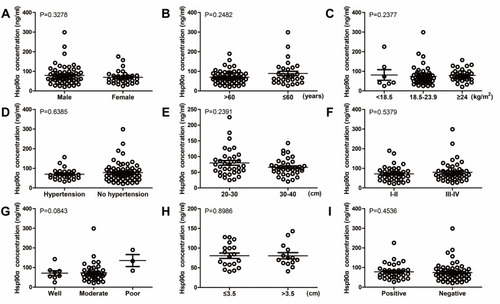 Figure 3 Relationship between Hsp90α concentration at baseline and different clinicopathological features of esophageal cancer patients, including gender ((A), P=0.3278), age ((B), P=0.2482), BMI ((C), P=0.2377), pre-existing hypertension ((D), P=0.6385), distance to incisors ((E), P=0.2391), stage ((F), P=0.5379), differentiation ((G), P=0.0843), tumor size ((H), P=0.8986), and lymphatic metastasis ((I), P=0.4536).