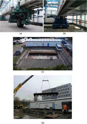 Figure 3. LINTRACK accelerated pavement testing; (a) apparatus, (b) guidance system supports on transverse rails, (c) housing unit, and (d) steel bridge deck placement.