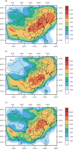 Fig. 7 (a) ASOA, (b) BSOA, and (c) ISOA column burden (mg m−2) averaged over July 2006.