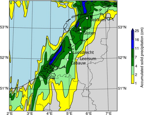 Fig. 8 Predicted accumulated snowfall over 24 h valid on 4 February 2012 08 h UTC. Note the different snow amounts in Dokkum, IJlst, Sloten, Leersum, Loosdrecht and Cabauw.