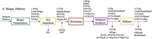 Figure 5. Block flow diagram of molasses to biomethanol by passing biogas direction.