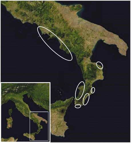 Figure 1. Stranding areas (open ovals) of the striped dolphins (Stenella coeruleoalba) examined in this study