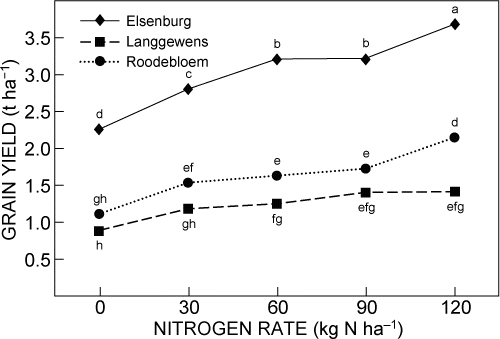 Figure 2: Canola yields harvested at Langgewens, Elsenburg and Roodebloem localities as a result of different nitrogen fertilisation rates (0, 30, 60, 90 and 120 kg ha-1) in the 2009 season