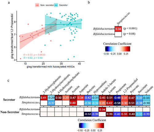 Figure 4. Correlation between the fecal microbiome and fecal metabolome of infants receiving secretor or non-secretor milk. (a) Association between total milk fucosylated HMO concentration in milk from secretor (cyan) and non-secretor (red) mothers and infant fecal 1, 2-propanediol concentrations. (b) Spearman correlation between bacterial taxa in the feces of infants consuming milk from secretor and non-secretor mothers. (c) Spearman correlation between fecal metabolites and the relative abundance of Bifidobacterium and Streptococcus of infants consuming milk from secretor and non-secretor mothers.