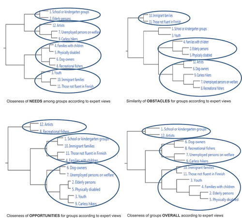 Figure 2. Clustering analysis of closeness between the groups based on expert opinions regarding the process stages in proving environmental justice in engagement with blue infrastructure, and overall (across all stages).