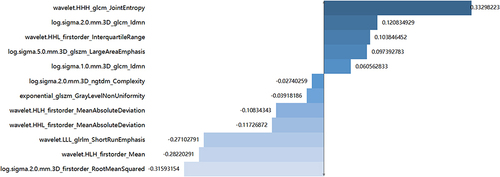 Figure 3 The 12 optimal radiomic features chosen for the radiomics model and the LASSO regression coefficient of features.