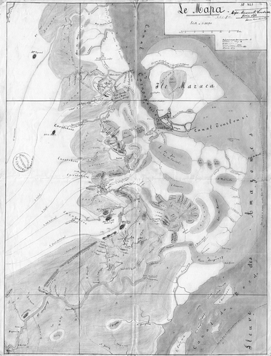 Fig. 4. Henri Coudreau’s manuscript map of Guiana, of 1893 (see Plate 9). Manuscript. 85 × 60 cm. Scale 1:312,500. The key lists the signs for settlements, paths and vegetation, but most of the written notes on the map concern aspects of the region’s hydrography. At issue in the dispute over the Franco-Brazilian frontier was the Carapaporis channel between Maraca Island and the mainland, which the French alleged had been created only recently and thus marked the frontier as this had been established in the Utrecht agreement of 1713, before the island was cut off. Bibliothèque de Genève, Département de Cartes et Plans, tiroir Amérique latine—cartes partielles. (Reproduced with permission from the Bibliothèque de Genève, Switzerland.)