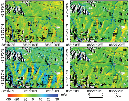 Figure 7. Average deformation of the subalpine area from 2019 to 2021. Linear deformation rates in LOS direction are from (a) ascending track 41 and from (b) descending track 19. Negative values in (a) and (b) indicate movement away from the satellite and positive values indicate movement toward the satellite. (c) horizontal (east-west), and (d) vertical deformation rate maps. The negative values in (c) and (d) represent westward and downward movements, respectively.