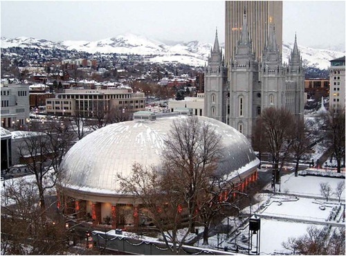 Figure 1. The tabernacle (front) and temple (rear) on temple square, Salt Lake City, Utah, 2008. CC BY SA, https://commons.wikimedia.org/wiki/File:S.L._Tabernacle_on_temple_square.jpg