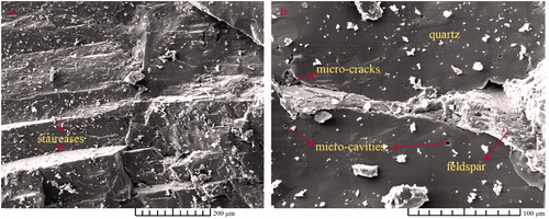 Figure 1. SEM photos of the Laizhou granite sample; (a) staircase-formed feldspar crystals and (b) micro-cavities and cracks exist in the contact zone between the quartz and feldspar.