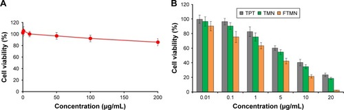 Figure 5 (A) Cytotoxicity analysis of blank nanoparticles; (B) In vitro cytotoxicity of blank NP, TPT, TMN, and FTMN in Y79 cancer cells after 24 h incubation. The cells were treated with respective formulations studied using MTT assay.Abbreviations: NP, nanoparticle; TPT, topotecan; TMN, TPT-loaded mesoporous silica nanoparticles; FTMN, TPT-loaded mesoporous silica nanoparticles surface conjugated with folic acid.