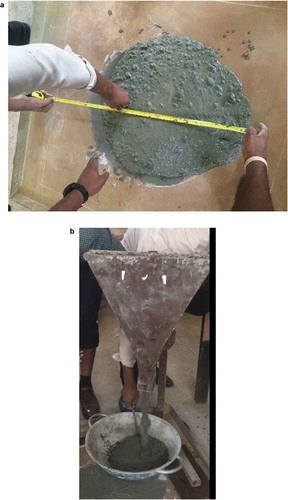 Figure 6. (a) Slump flow test; (b) V-funnel test