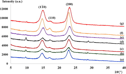 Figure 4. X-ray diffraction diagrams of freeze-dried BCs produced on (a) HS medium, (b) BB medium, (c) PP medium, (d) BP medium, (e) +BB medium, (f) +PP medium and (g) + BP medium.