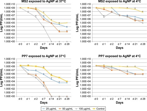 Figure 3 Effect of temperature, dose and time of interaction with AgNP on the survival of enteric bacteriophages MS2 and PP7. The values indicate mean and SD from three independent experiments.Abbreviations: AgNP, silver nanoparticles; PFU, plaque forming units.