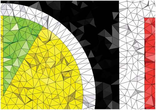 Fig. 2. Picture section of Fig. 1a in greater detail. The variation of the finite elements in size and form ensures that the mesh preserves the geometric properties of the model. The slice does not divide single finite elements, and since the mesh is unstructured, not all finite elements lie on the same height. The varying brightness of the finite element facets indicates the different angles between the image plane and the facets.