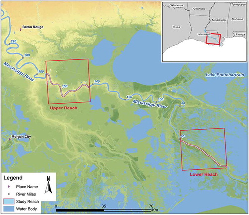 Figure 1. Map of the study area with two selected study reaches, namely the Upper Reach (UR) and Lower Reach (LR) in southeastern Louisiana; River Miles are also included in this map.