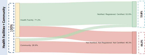 Figure 6. Sankey charts of flow of births by place of occurrence, districts that decentralized during the study period, 2012–2016