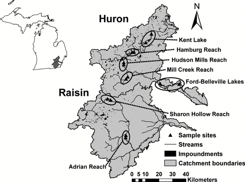Figure 1 Huron and Raisin river watersheds in southeastern Michigan. Locations and names of paired sampling sites are shown. Kent Lake and the Ford-Belleville Lake complex are classified as impoundments and all other locations as reaches.
