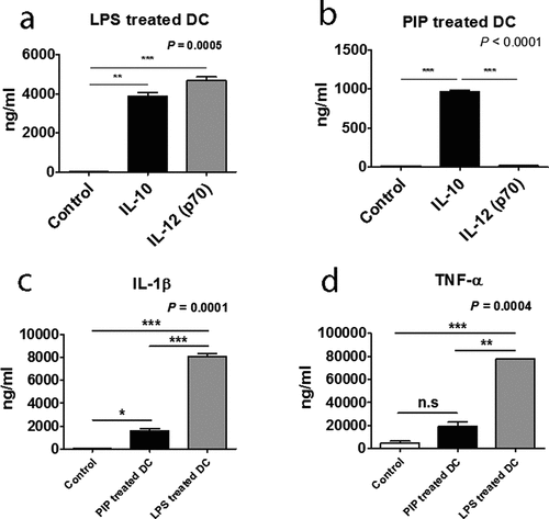 Figure 5. Comparison of IL-10 and IL-12(p70) production in response to LPS, (a), and PIP treatment of DCs, (b). IL-1β, (c), and TNF-α, (d), production by LPS- and PIP-treated DCs. Immature DCs were cultured for 48 hours with PIP or LPS to allow the induction of tolerogenic DCs. Cytokines were analyzed by the Bio-Plex Pro Human Cytokine 17-plex Assay kit. * p < 0.05; ** p < 0.001; *** p < 0.0001. Results are from biological replicate experiments. Error bars indicate means ± SD