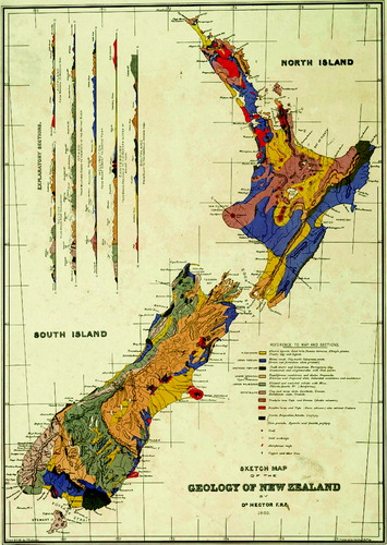 Figure 3 1869 geological map compiled by James Hector—the first published geological map of New Zealand. Archives New Zealand, R17916896.