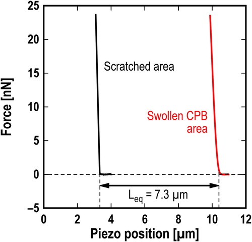 Figure 1. Representative force curves at scratched area (black) and swollen CPB area (red) in DEME-TFSI.