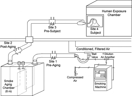 FIG. 1 Design schematic of smoke-aging system, showing smoke generation, dilution, transport, aging, sampling, exposure, and containment.