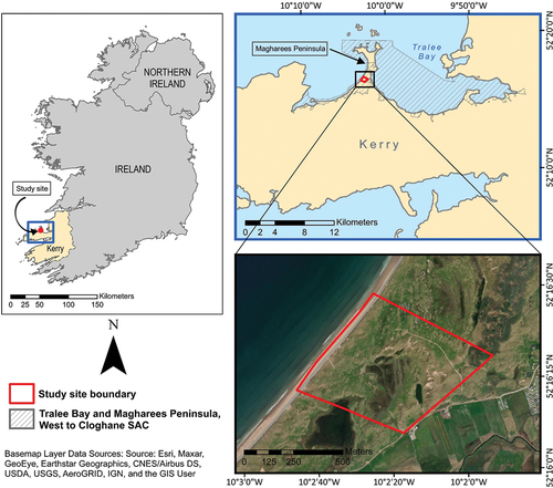 Figure 1. Inset map showing the location of the study site in County Kerry, Ireland (left); the boundary of the Tralee Bay and Magharees Peninsula, West to Cloghane SAC (upper right); and the boundary of the study site (lower right).