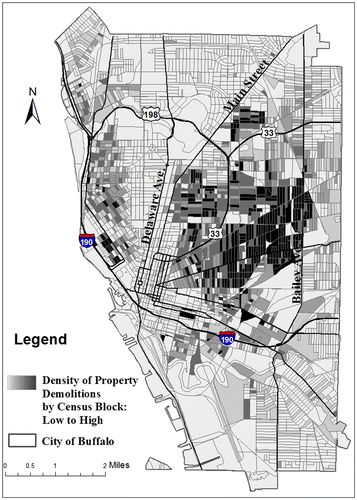 Figure 1. Density of property demolitions by census block in Buffalo, NY 1998–2012.