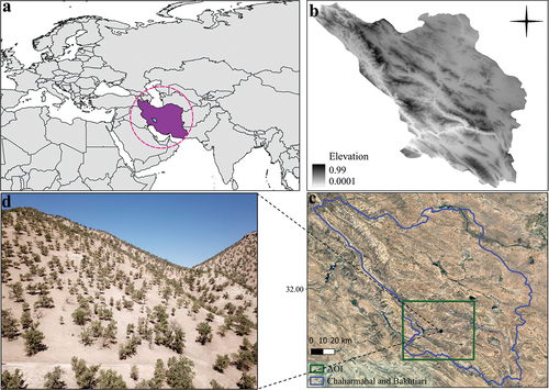 Figure 1. (A) location of Iran; (B) digital elevation model of Chaharmahal and Bakhtiari province; (C) sampled area covered in the green square (AOI); (D) an example UAV image of the study region.