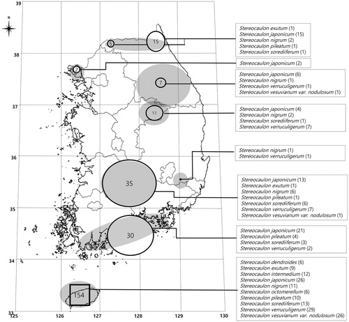 Figure 1. Collection map of Stereocaulon specimens during 2003–2016 in South Korea.