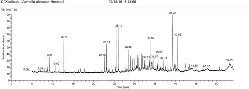 Figure 1. Gas chromatogram of the hexane extract of A. oleracea. Total retention time is 55 min.